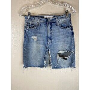 Mother Superior 27 Jean Skirt Mini Denim Slit Distressed Blue Mid Light Wash